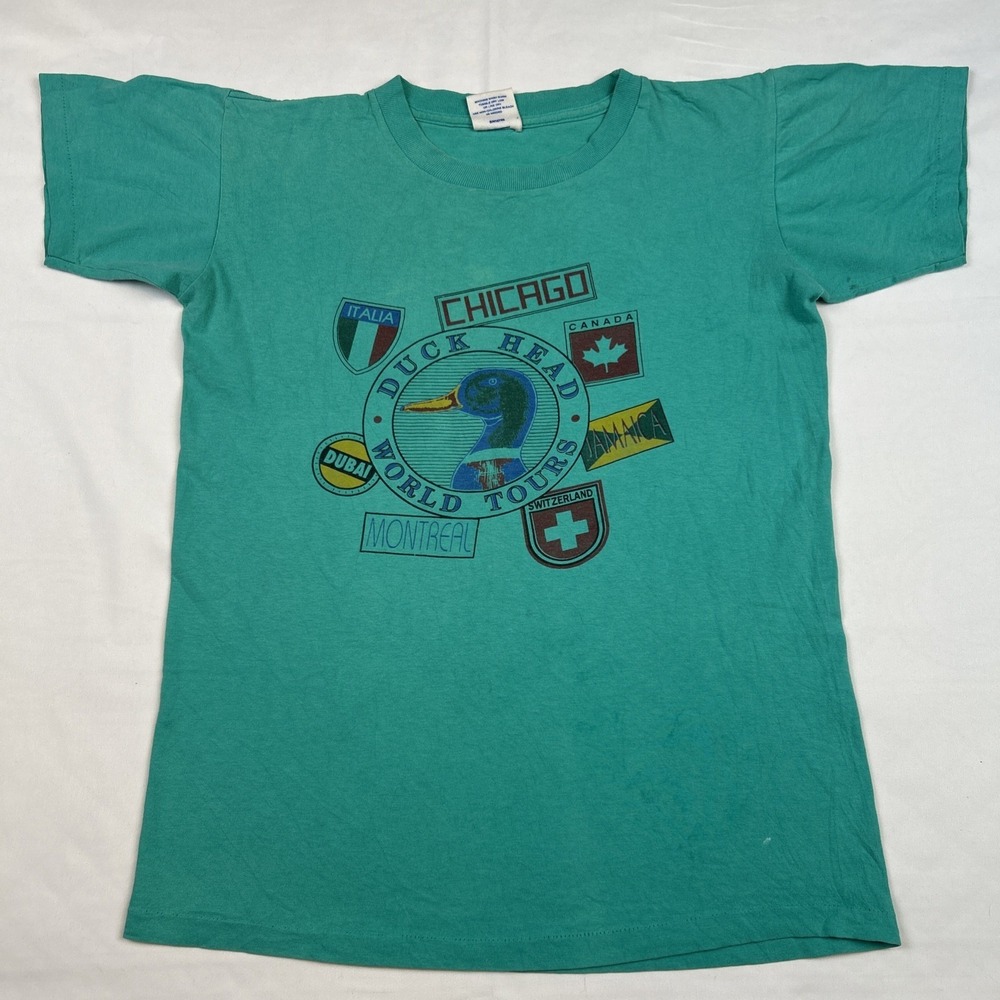 VTG Duck Head World Tours Travel Blue T-Shirt Size Large Green Mallard USA Made